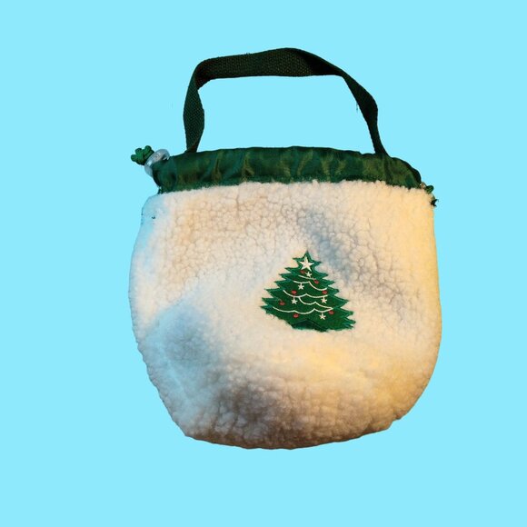 Sherpa Drawstring Tote Bag Christmas Tree Embroidered Fleece Sack Lined - Picture 6 of 8